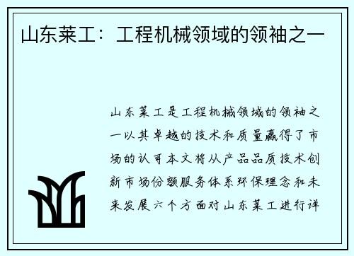 山东莱工:工程机械领域的领袖之一 山东莱工:工程机械领域的领袖之一
